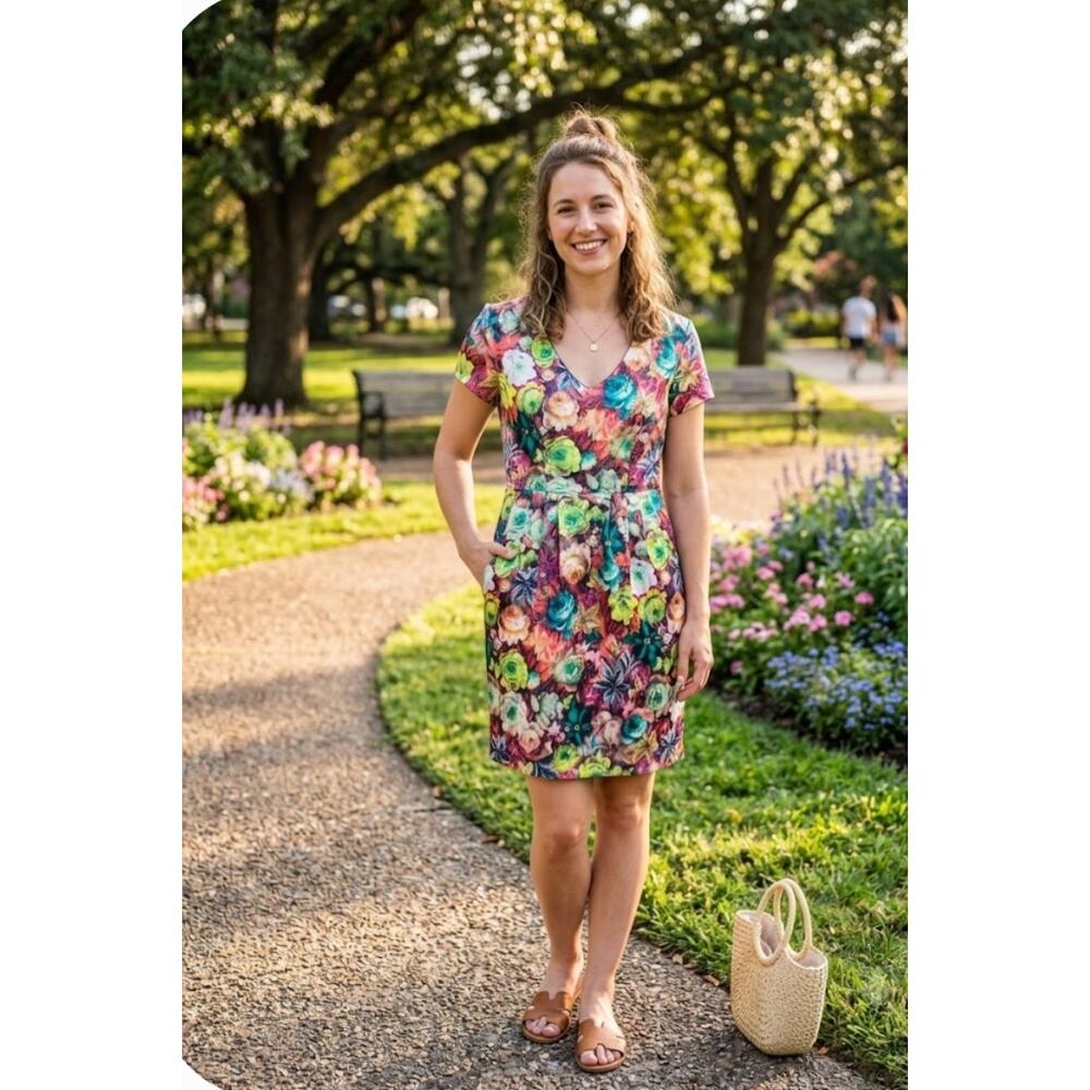5563)Skies Are Blue M Multicolor Botanical Print Summer Dress